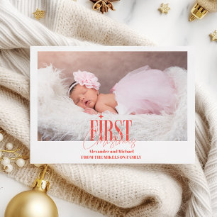 Modern Baby Girl First Christmas Custom Photo Holiday Card