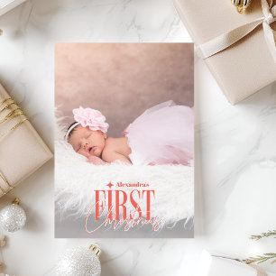 Modern Baby Girl First Christmas Custom Photo Holiday Card