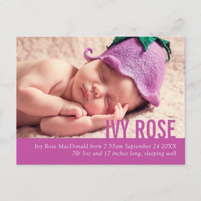 Modern baby girl mauve photo announcement postcard (Front)