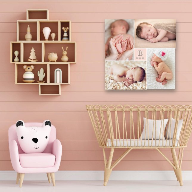 Modern Baby Girl Monogram Pink 4 Photo Collage Canvas Print (Modern Baby Girl Monogram Pink Center Square 4 Photo Collage Canvas Print @ fatfatin_box)