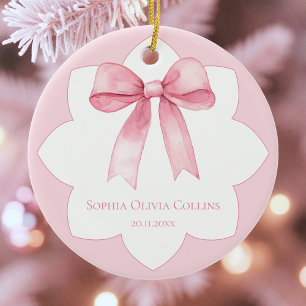 Modern Baby Girl Personalized Pink Watercolor Bow Ceramic Tree Decoration