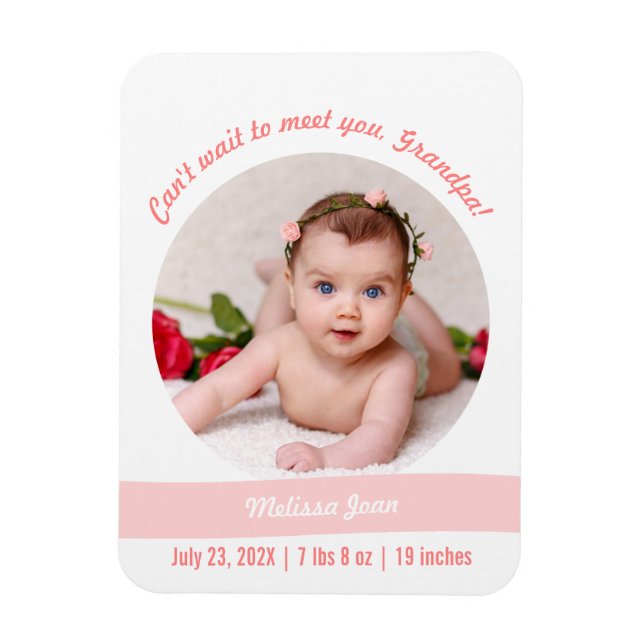 Modern Baby Girl Photo Birth Announcement Grandpa Magnet (Vertical)