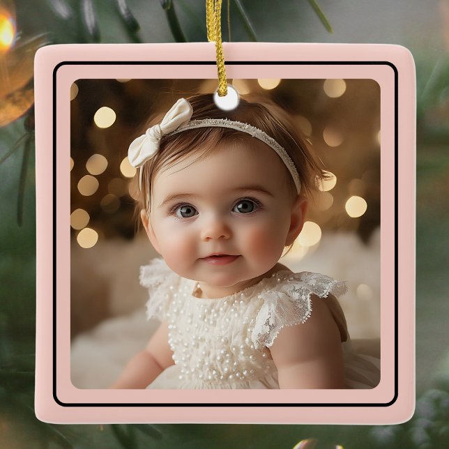 Modern Baby Girl Photo Christmas Pink Script Name Ceramic Ornament (Modern Baby Girl Photo Christmas Pink Script Name Ceramic Ornament)