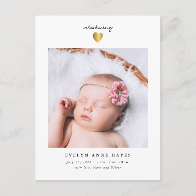 Modern Baby Girl Photo Gold Heart Birth Announcement Postcard (Front)