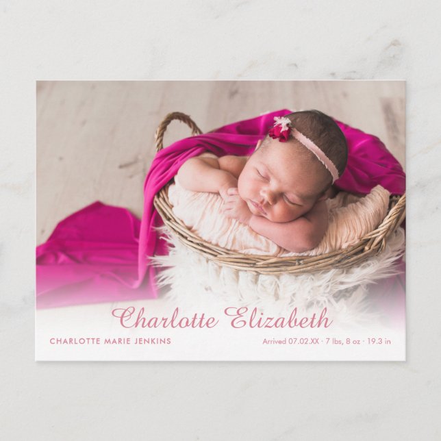Modern Baby Girl Photo Script Birth Announcement Postcard (Front)