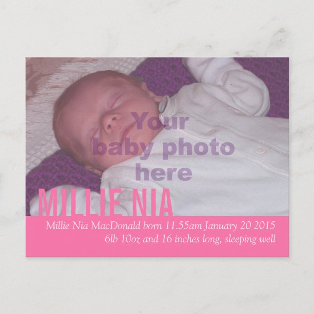 Modern baby girl pink photo announcement postcard (Front)