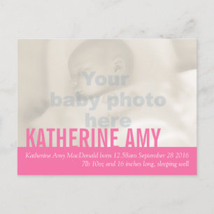 Modern baby girl pink photo announcement postcard