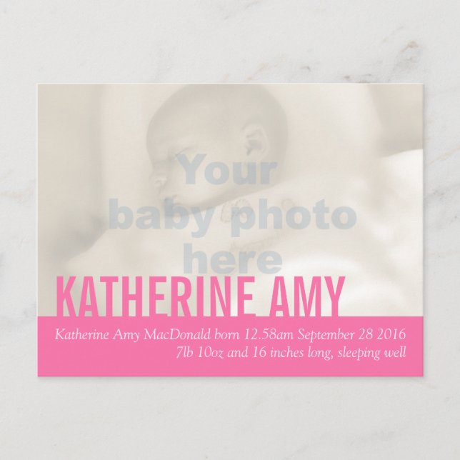 Modern baby girl pink photo announcement postcard (Front)