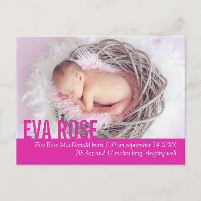 Modern baby girl pink photo announcement postcard (Front)