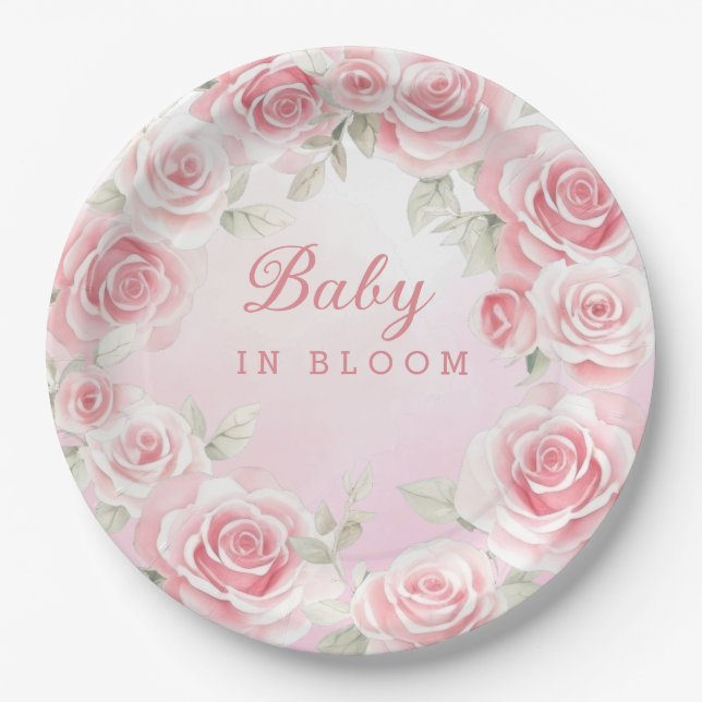 Modern Baby in Bloom Floral pink girl Baby Shower  Paper Plate (Front)