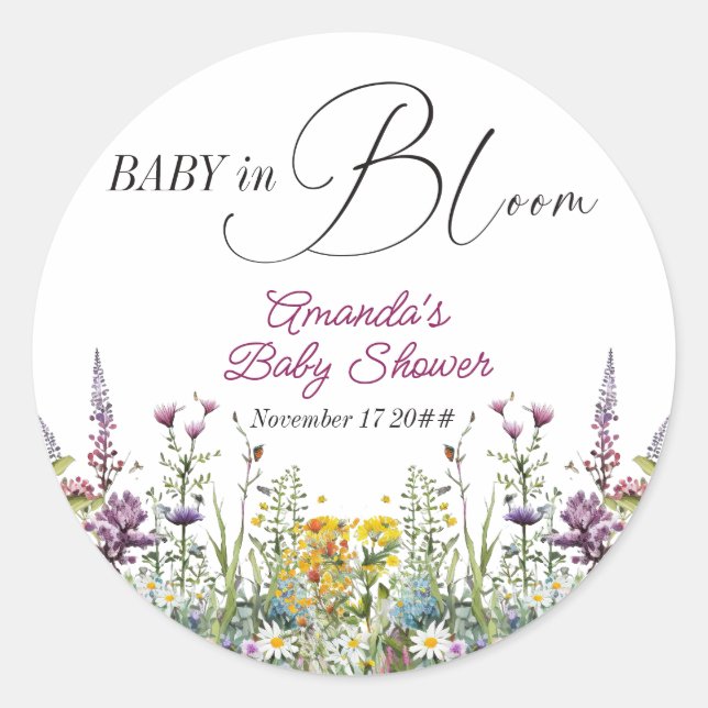 Modern Baby in Bloom Wildflower Floral Baby Shower Classic Round Sticker (Front)