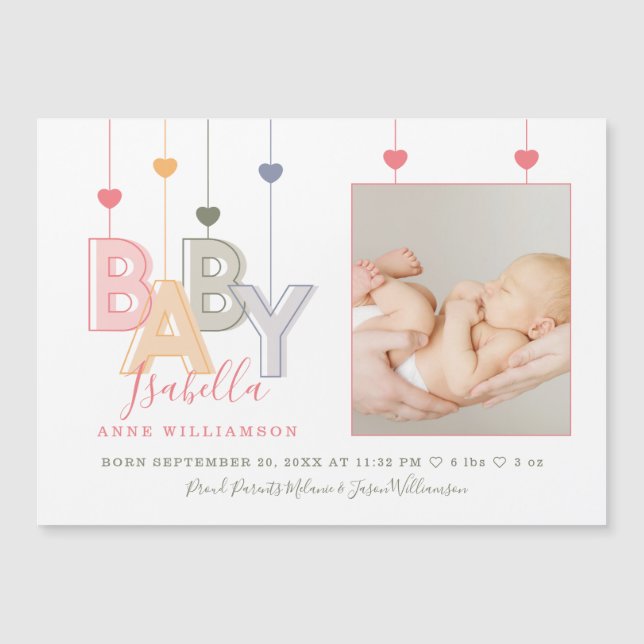 Modern Baby Letters Newborn Baby Girl Birth Photo (Front)