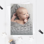 Modern baby name 3 photo birth announcement<br><div class="desc">A full-bleed photo birth announcement with large moveable name element in a sleek modern font with birth details below. The back of the card allows for 2 additional newborn photos and parents personal message or additional birth information. All of the elements on this card are customizable so it's easy to...</div>
