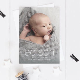 Modern baby name three photo birth announcement