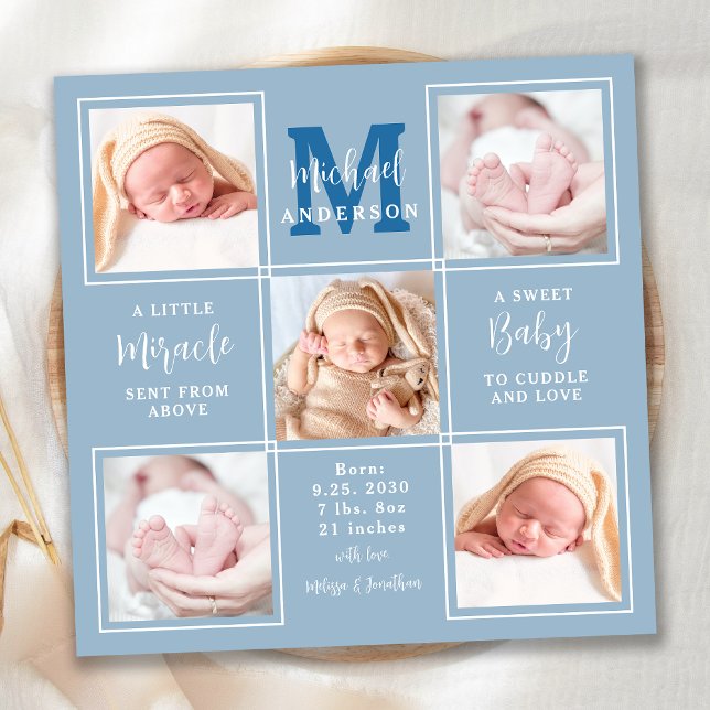 Modern Baby Personalised 5 Photo Blue Birth  Announcement (Creator Uploaded)