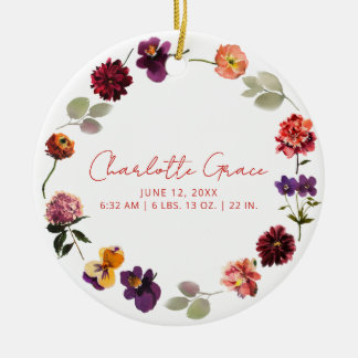 Modern Baby Photo Birth Stats Boho Rustic Floral Ceramic Tree Decoration