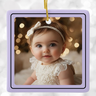 Modern Baby Photo Christmas Purple Script Name Ceramic Ornament