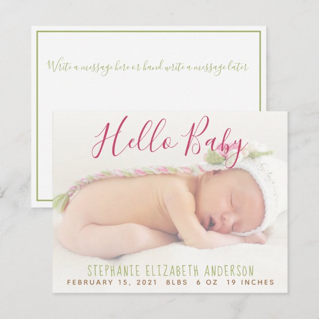 Modern Baby Photo Pink Birth Announcement Card (Front/Back)