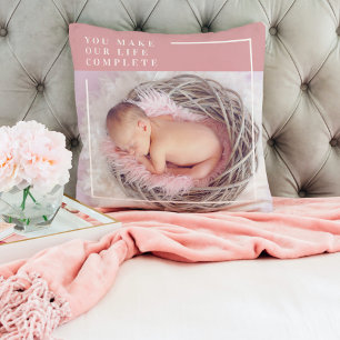 Modern Baby Photo   Pink & White   Quote  Cushion