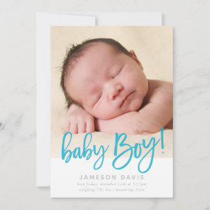 MODERN BABY PHOTO simple boy blue script writing Announcement
