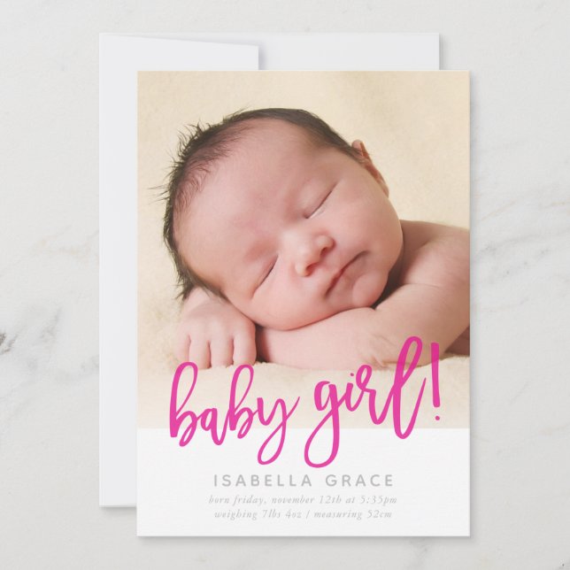 MODERN BABY PHOTO simple girl pink script writing Announcement (Front)