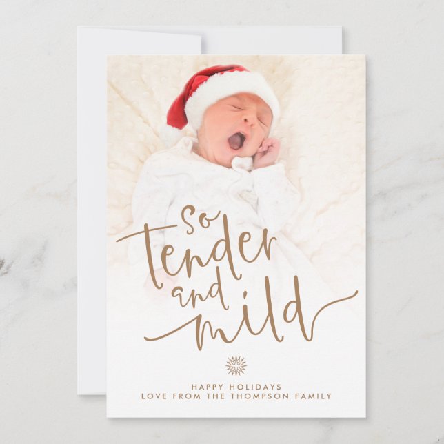 Modern Baby Photo Tender and Mild Script Gold  Holiday Card (Front)