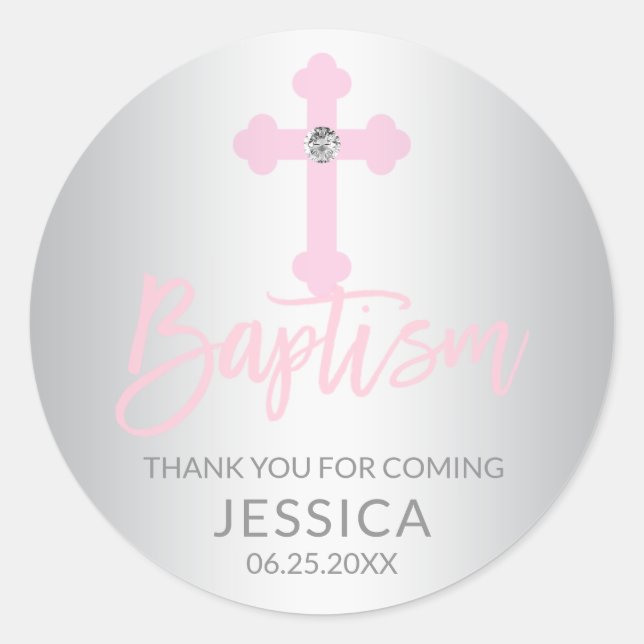 Modern Baby Pink Cross Baptism Girl Thank You Classic Round Sticker (Front)