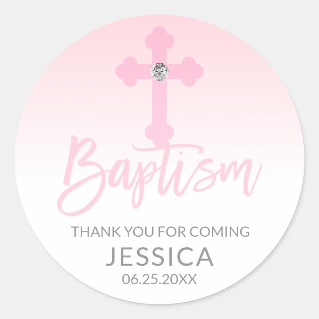 Modern Baby Pink Cross Baptism Girl Thank You Classic Round Sticker (Front)