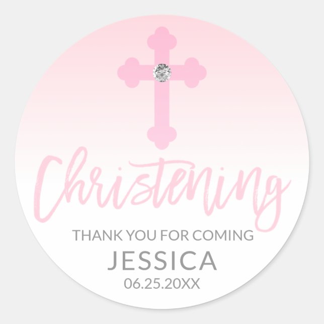 Modern Baby Pink Cross Christening Girl Thank You Classic Round Sticker (Front)