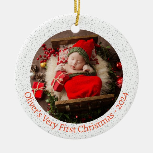 Modern Baby’s First Christmas Photo Holiday Ceramic Tree Decoration (Front)