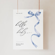 Modern baby shower welcome sign with blue bow