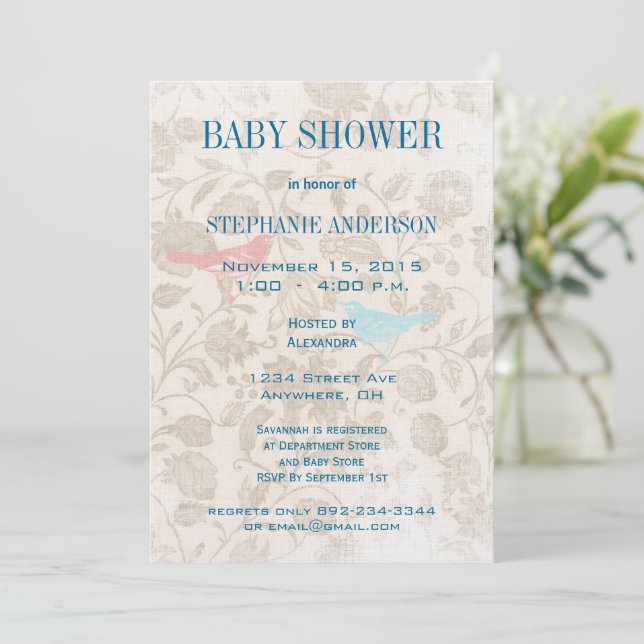 Modern Baby Vintage Birds Shower Aqua Blue Invitation (Standing Front)