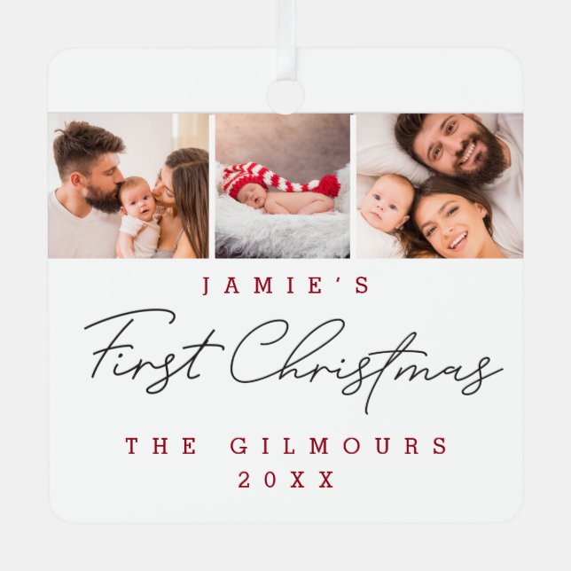 Modern Baby's First Christmas 3 Photos Custom  Metal Tree Decoration (Front)