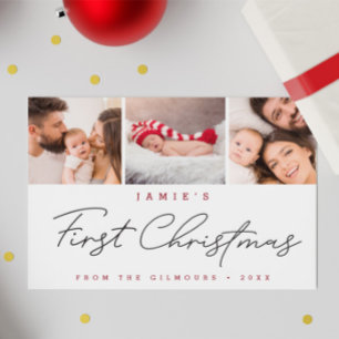 Modern Baby's First Christmas Custom 3 Photos Holiday Card