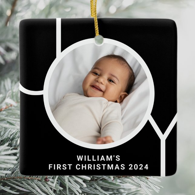  Modern Baby's First Christmas Photo Black Ceramic Ornament (Creator Uploaded)
