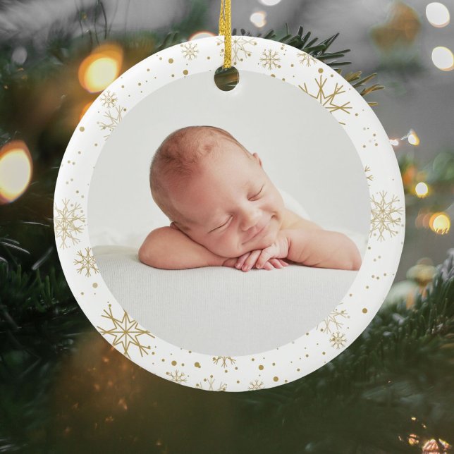 Modern Babys First Christmas Photo Gold Snowflakes Ceramic Tree Decoration (Creator Uploaded)