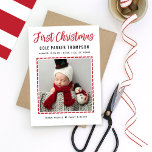 Modern Babys First Christmas Red Stripes Photo Holiday Card<br><div class="desc">This modern holiday photo card doubles as a holiday greeting and birth announcement for your new baby. Features "First Christmas" in red script with the baby's full name and arrival details. Personalise with a newborn photo that is framed by a pattern of diagonal stripes. A coordinating pattern of wide red...</div>