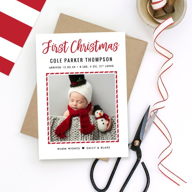 Modern Babys First Christmas Red Stripes Photo Holiday Card (Creator Uploaded)