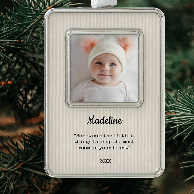 Modern Baby's First Christmas Silver Plated Framed Ornament (Modern Baby's Photo First Christmas Christmas Ornament/ )