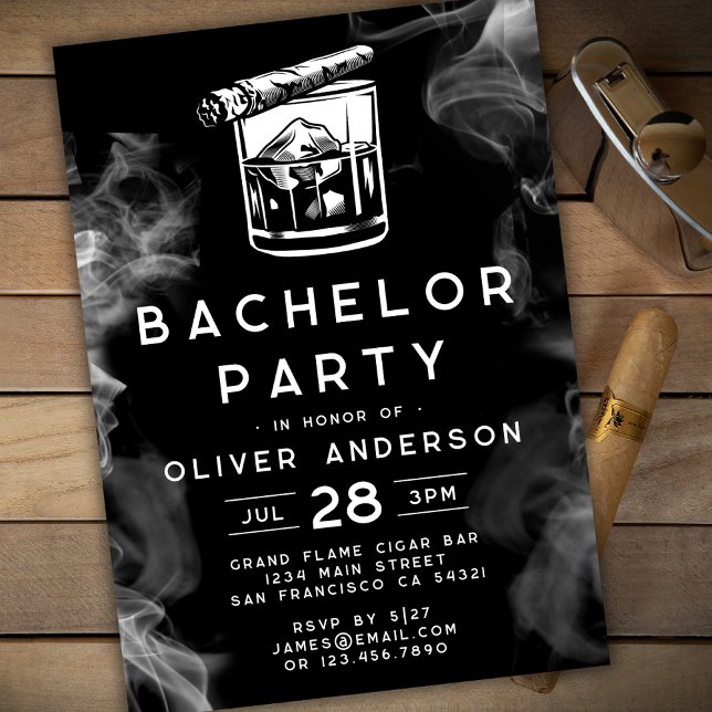Modern Bachelor Party Cigars and Whiskey Black  Invitation (Creator Uploaded)
