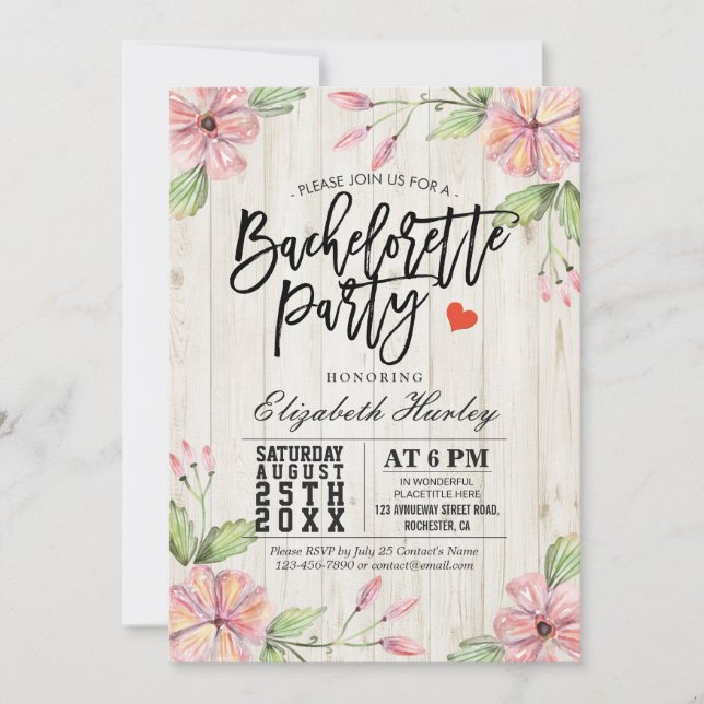 Modern Bachelorette Party Pink Flowers Rustic Wood Invitation (Front)