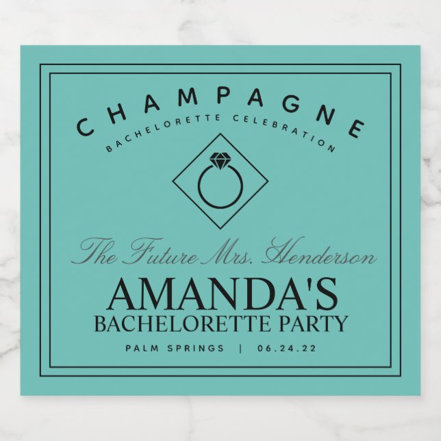 Modern Bachelorette Party Teal Sparkling Wine Labe Label (Single Label)