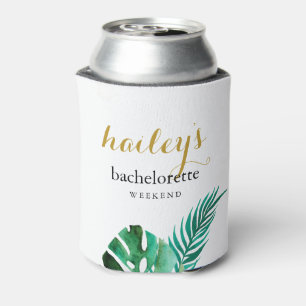 Modern Bachelorette Weekend Palm Leaves with Name Can Cooler