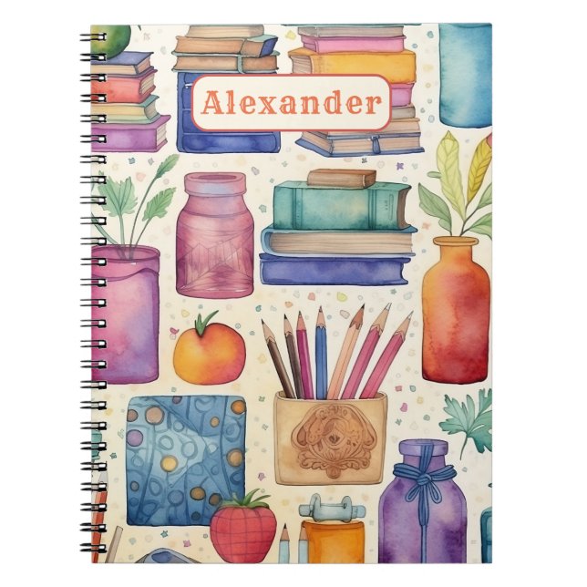 Modern Back to School Supplies Pattern Name Notebook (Front)