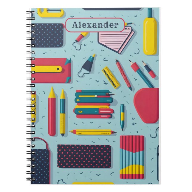 Modern Back to School Supplies Pattern Name Notebook (Front)