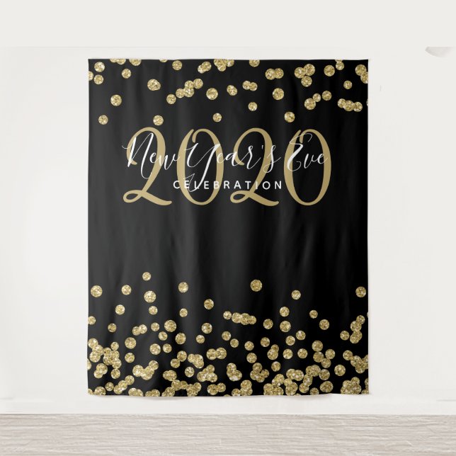 Modern Backdrop New Year's Eve Gold Black Confetti Tapestry (Front)