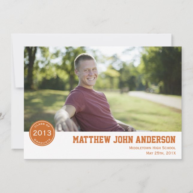 Modern Badge Photo Graduation Invitation - Orange (Front)