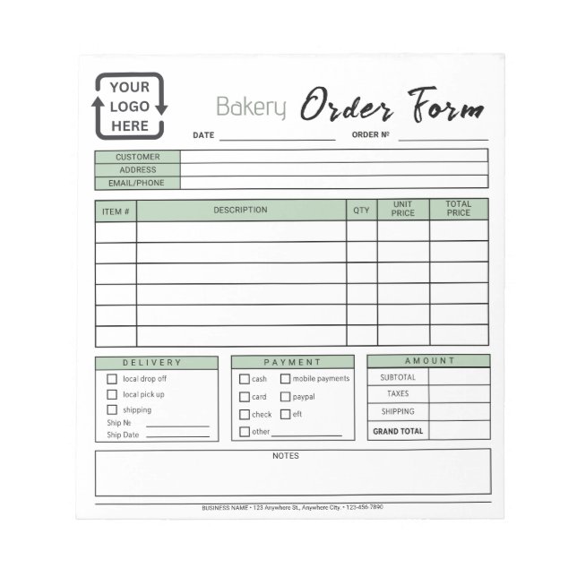 Modern Bakery Cafe Green Order Form Notepad (Front)