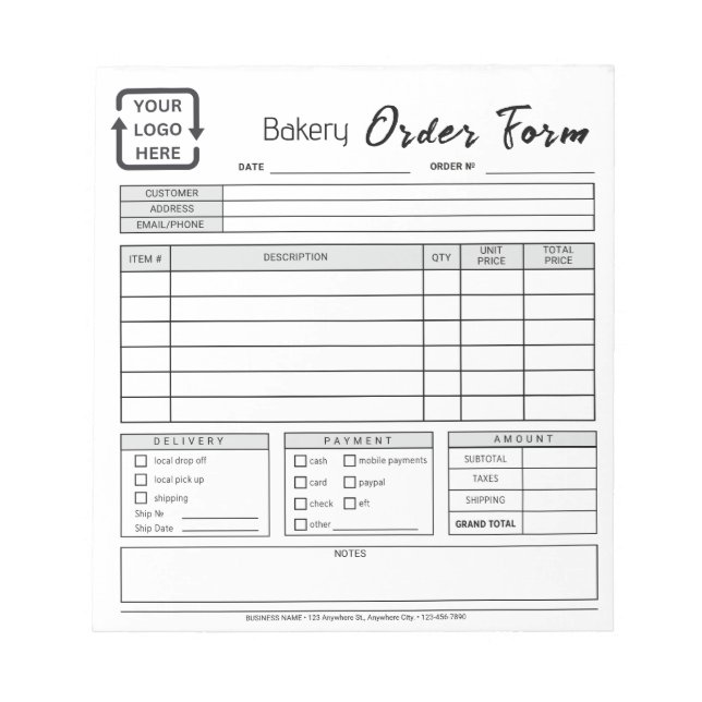 Modern Bakery Cafe Grey Order Form Notepad (Front)