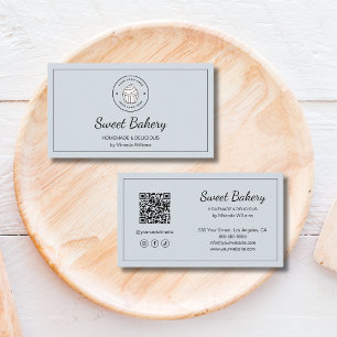 Modern Bakery Logo QR Social Media Dusty Blue Business Card